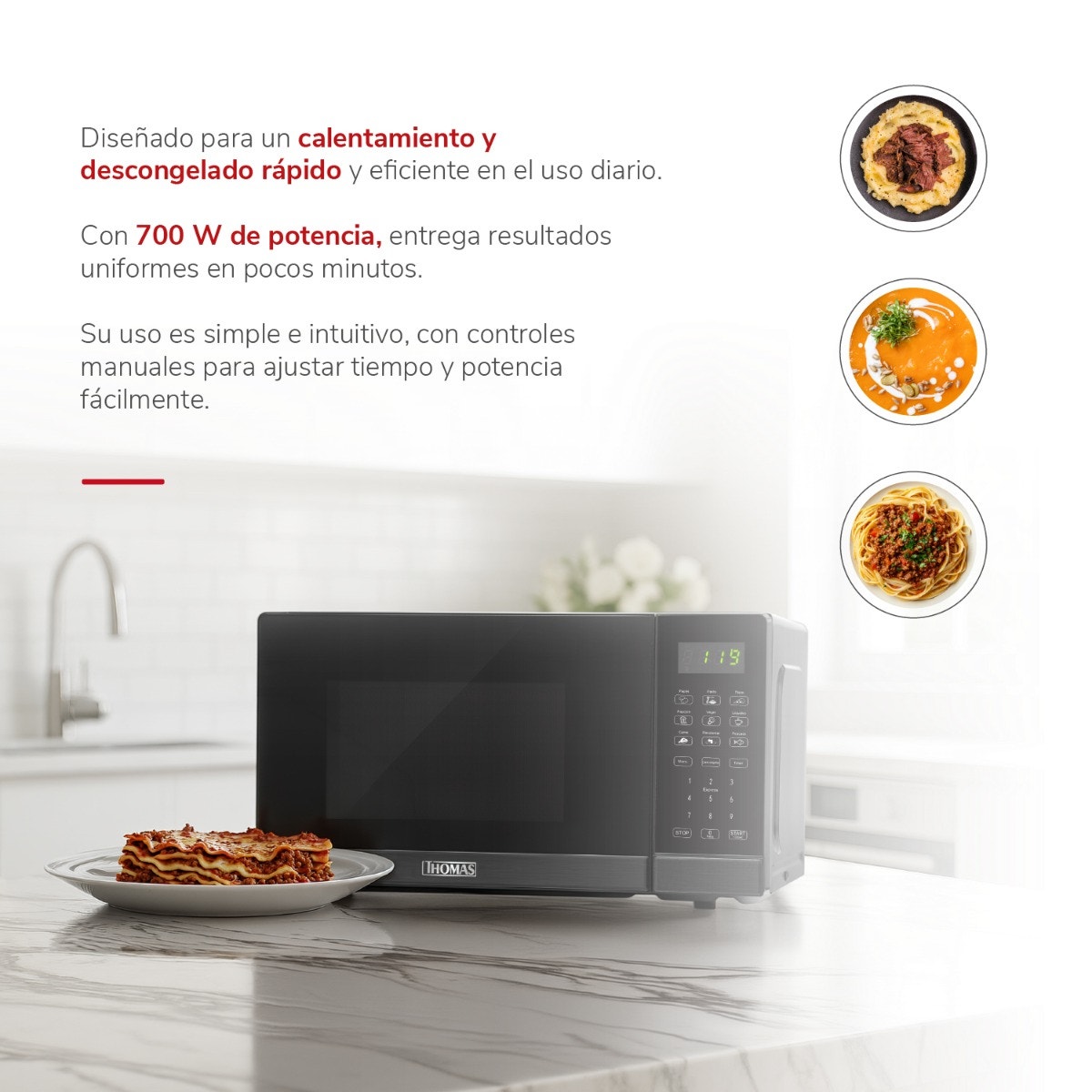 Microondas Digital Thomas TH-MW20DN HeatTouch 20 Litros 700W Microondas de Mesa Pantalla Touch 10 Niveles de Potencia Programas Automáticos Descongelado Cavidad EasyClean - Imagen 4