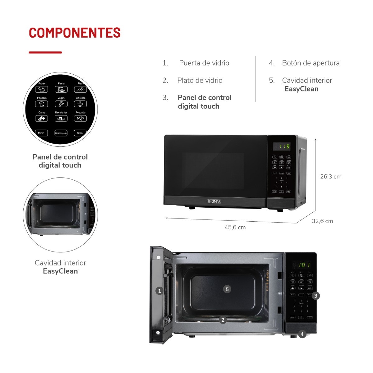 Microondas Digital Thomas TH-MW20DN HeatTouch 20 Litros 700W Microondas de Mesa Pantalla Touch 10 Niveles de Potencia Programas Automáticos Descongelado Cavidad EasyClean - Imagen 5