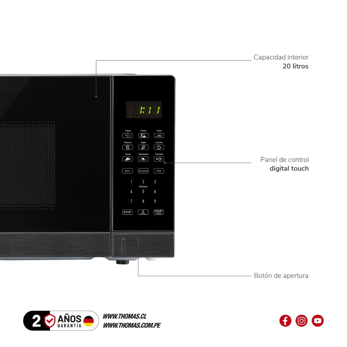 Microondas Digital Thomas TH-MW20DN HeatTouch 20 Litros 700W Microondas de Mesa Pantalla Touch 10 Niveles de Potencia Programas Automáticos Descongelado Cavidad EasyClean - Imagen 6