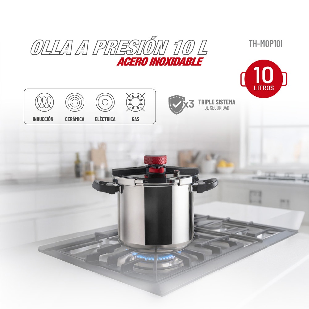 Olla a Presión Thomas TH-MOP10I 10 Litros Acero Inoxidable Triple Sistema de Seguridad Válvula de Operación y Seguridad Apta Inducción Asas Negras - Imagen 3