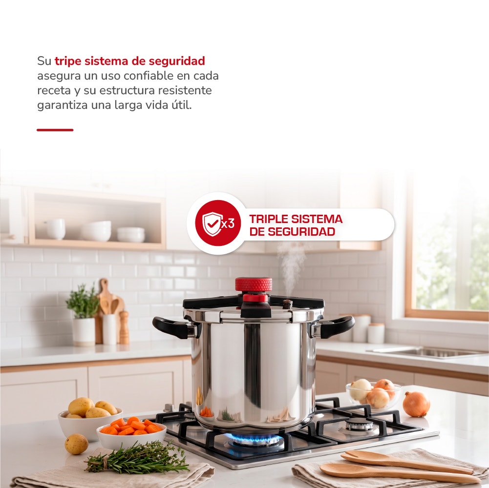 Olla a Presión Thomas TH-MOP10I 10 Litros Acero Inoxidable Triple Sistema de Seguridad Válvula de Operación y Seguridad Apta Inducción Asas Negras - Imagen 4