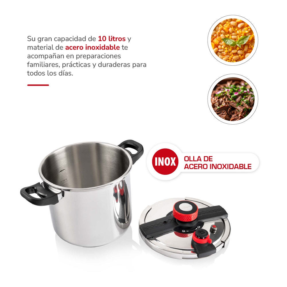 Olla a Presión Thomas TH-MOP10I 10 Litros Acero Inoxidable Triple Sistema de Seguridad Válvula de Operación y Seguridad Apta Inducción Asas Negras - Imagen 5