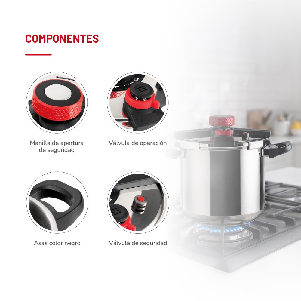 Olla a Presión Thomas TH-MOP10I 10 Litros Acero Inoxidable Triple Sistema de Seguridad Válvula de Operación y Seguridad Apta Inducción Asas Negras - Imagen 6