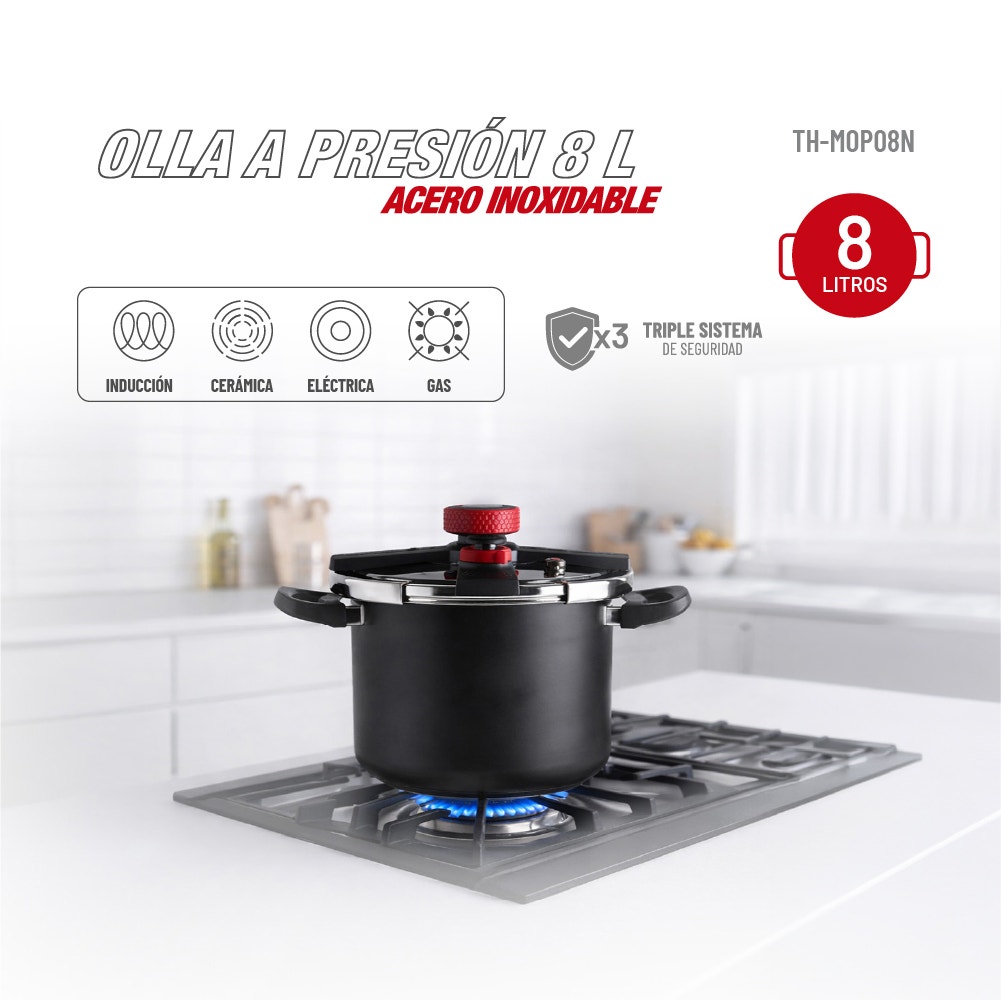 Olla a Presión Thomas TH-MOP08N 8 Litros Acero Inoxidable Triple Sistema de Seguridad Válvula de Operación y Seguridad Apta Inducción Asas Negras - Imagen 3