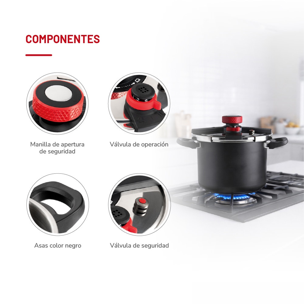 Olla a Presión Thomas TH-MOP08N 8 Litros Acero Inoxidable Triple Sistema de Seguridad Válvula de Operación y Seguridad Apta Inducción Asas Negras - Imagen 6