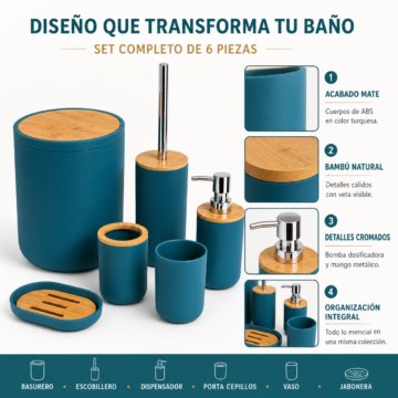 Set de Baño 6 Piezas Moderno con Bambú Incluye Basurero y Dispensador