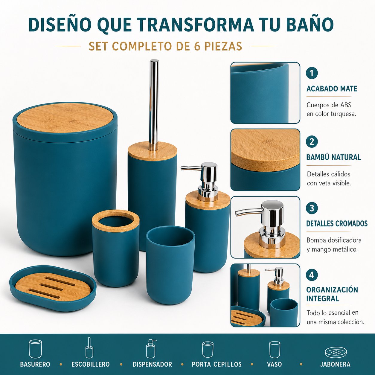 Set de Baño 6 Piezas Moderno con Bambú Incluye Basurero y Dispensador