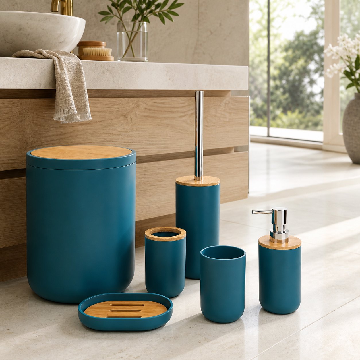 Set de Baño 6 Piezas Moderno con Bambú Incluye Basurero y Dispensador - Imagen 2