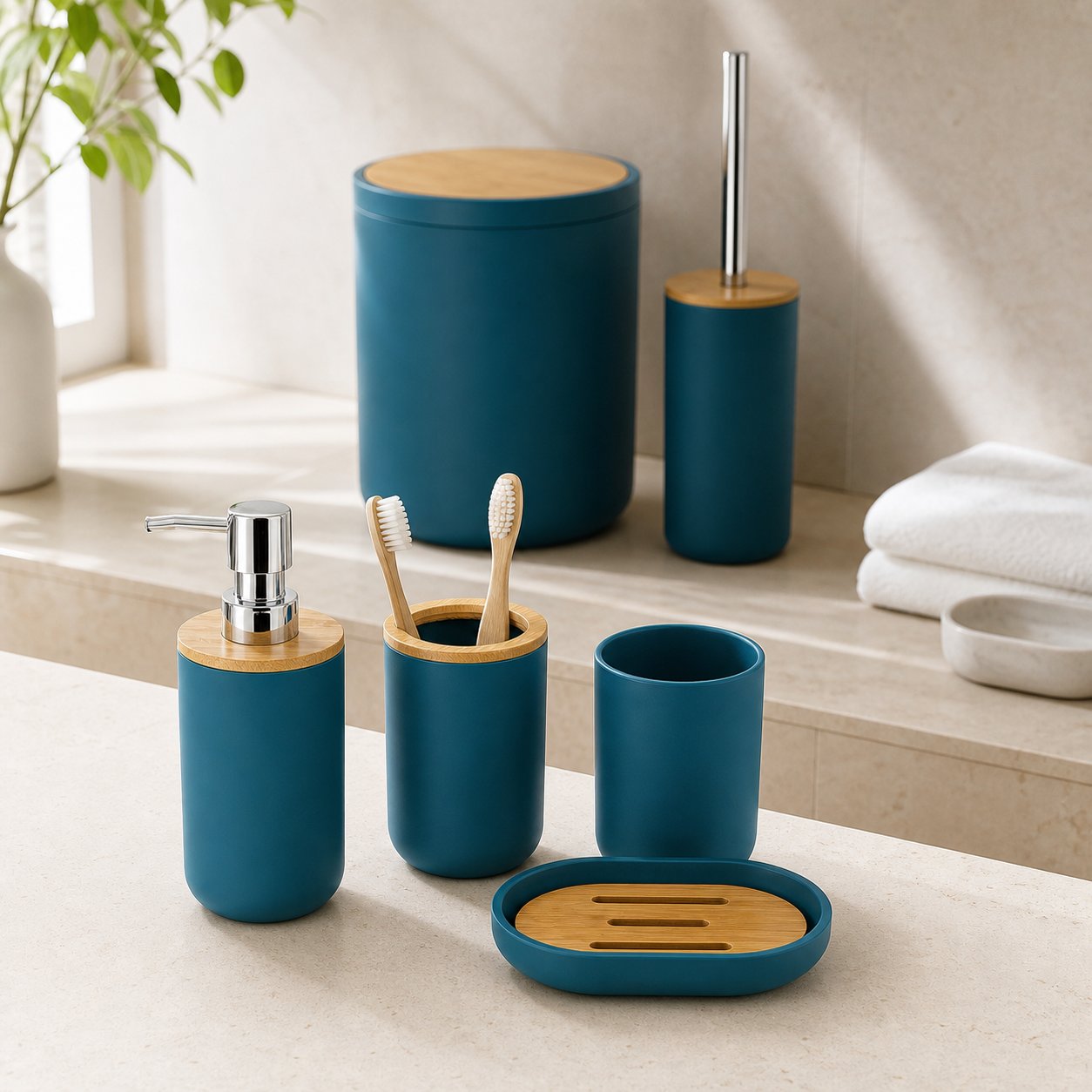 Set de Baño 6 Piezas Moderno con Bambú Incluye Basurero y Dispensador - Imagen 5