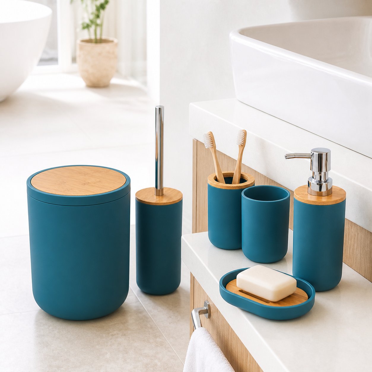 Set de Baño 6 Piezas Moderno con Bambú Incluye Basurero y Dispensador - Imagen 6