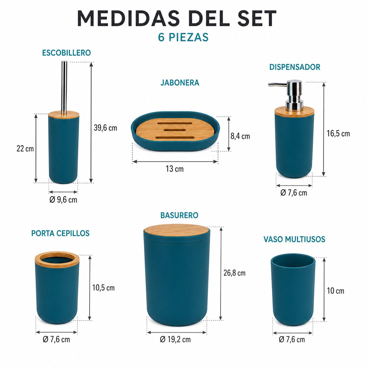 Set de Baño 6 Piezas Moderno con Bambú Incluye Basurero y Dispensador - Imagen 8
