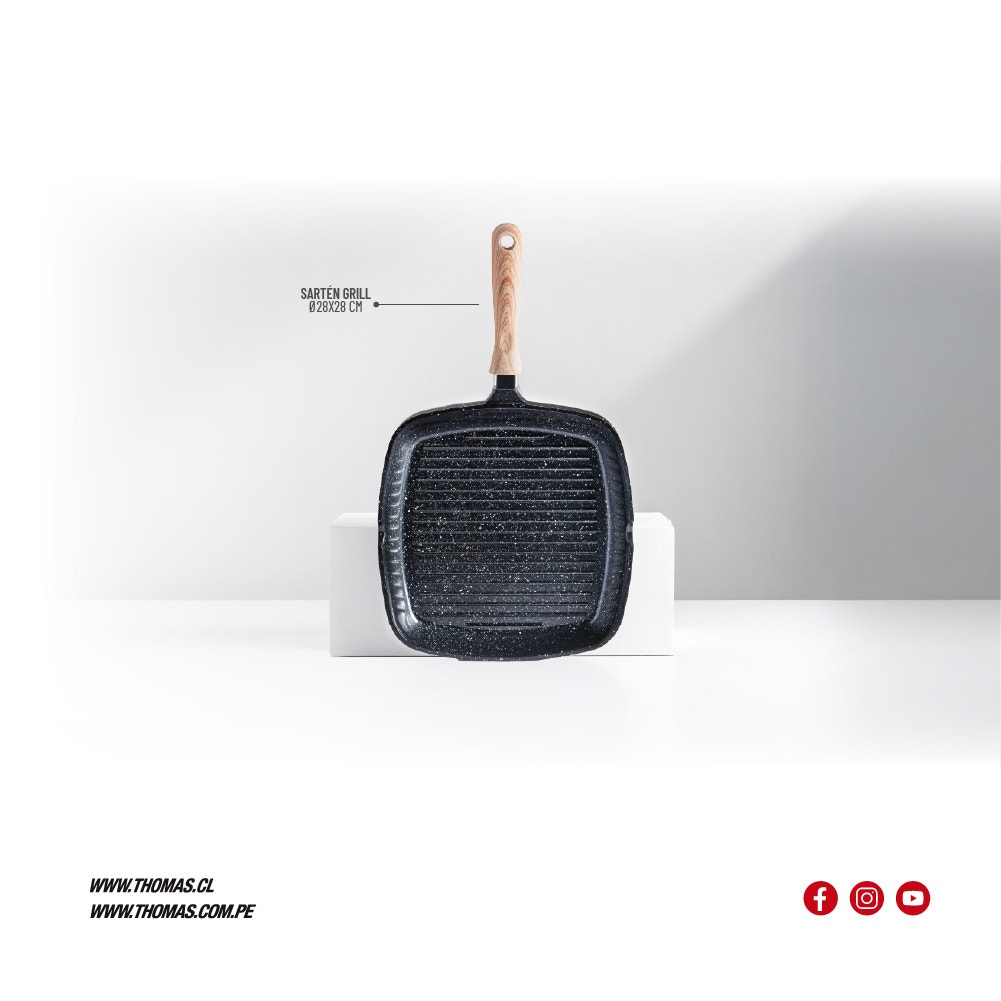 Sartén Grill Thomas TH-MS28NM 28 cm Cuadrado Aluminio Fundido Plancha Parrilla Asador Antiadherente Cerámico Marmoleado Apto Inducción Mango Color Madera - Imagen 2