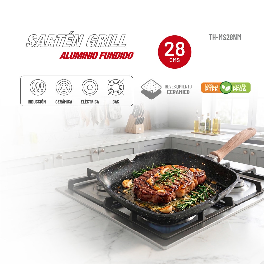 Sartén Grill Thomas TH-MS28NM 28 cm Cuadrado Aluminio Fundido Plancha Parrilla Asador Antiadherente Cerámico Marmoleado Apto Inducción Mango Color Madera - Imagen 3
