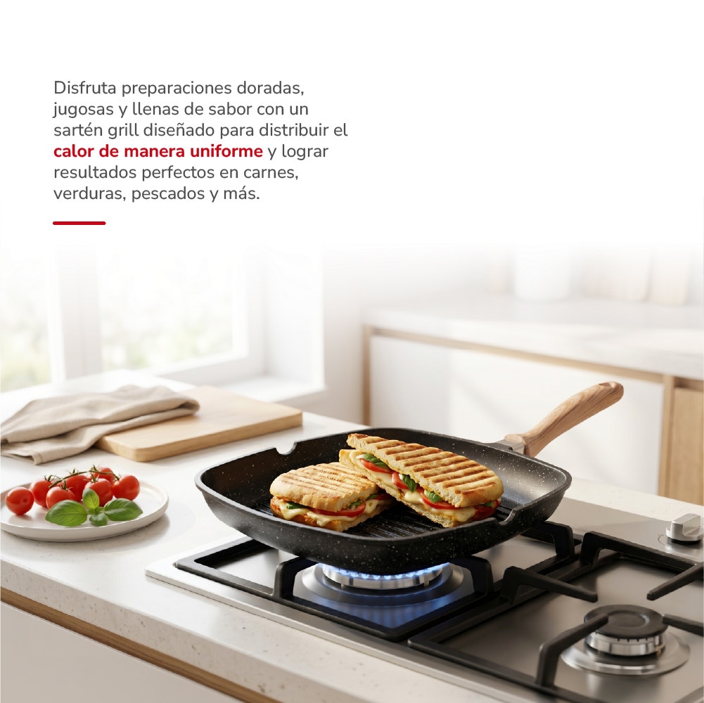 Sartén Grill Thomas TH-MS28NM 28 cm Cuadrado Aluminio Fundido Plancha Parrilla Asador Antiadherente Cerámico Marmoleado Apto Inducción Mango Color Madera - Imagen 4