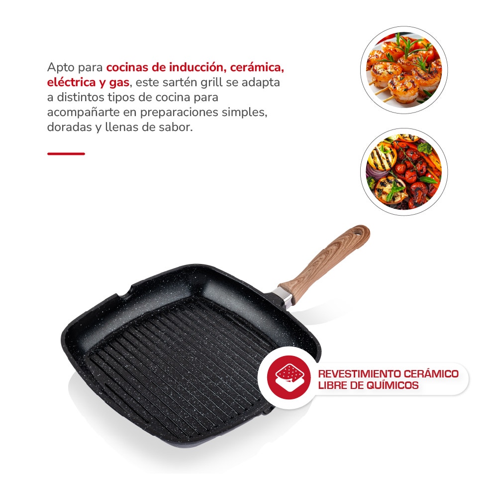Sartén Grill Thomas TH-MS28NM 28 cm Cuadrado Aluminio Fundido Plancha Parrilla Asador Antiadherente Cerámico Marmoleado Apto Inducción Mango Color Madera - Imagen 5