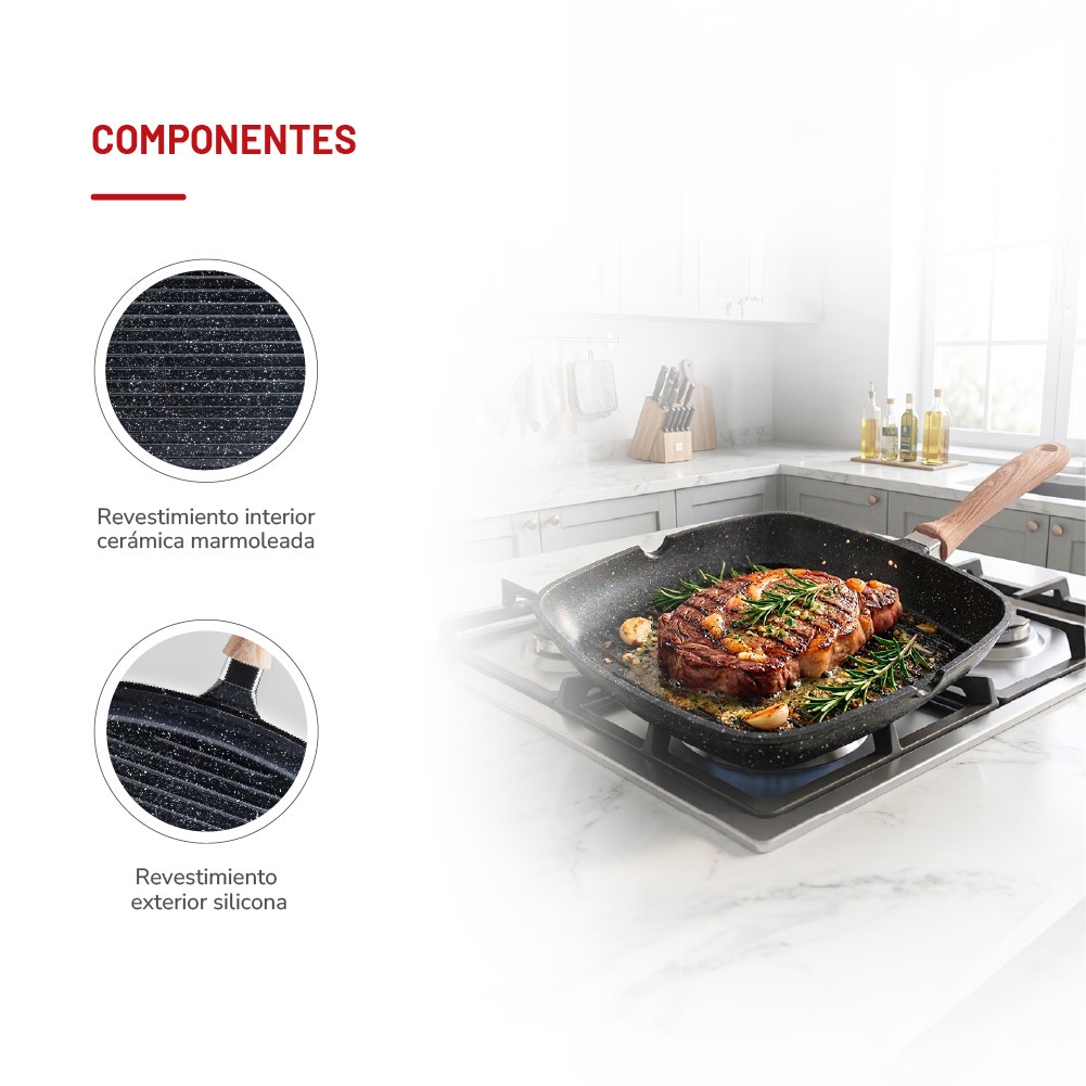 Sartén Grill Thomas TH-MS28NM 28 cm Cuadrado Aluminio Fundido Plancha Parrilla Asador Antiadherente Cerámico Marmoleado Apto Inducción Mango Color Madera - Imagen 6