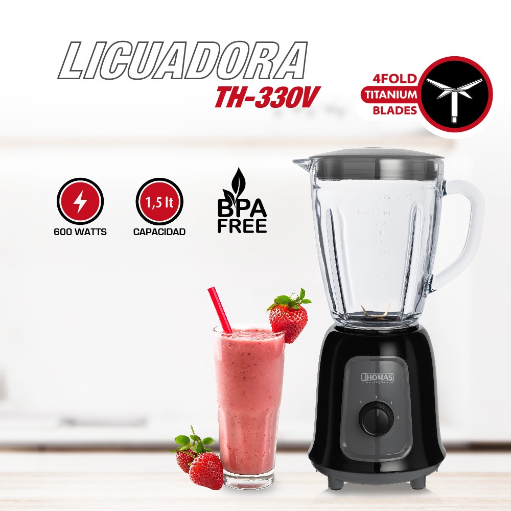 Licuadora Thomas TH-330V 1,5 Litros 600W Juguera Jarro de Vidrio 2 Velocidades más Pulso Cuchillas 4 Fold Titanium Blades Acero Inoxidable