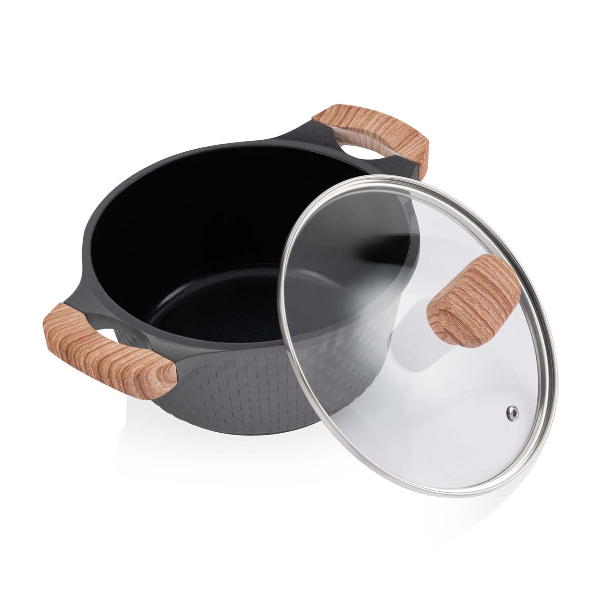Batería de Cocina Thomas TH-MB07GM 7 Piezas Aluminio Fundido Juego Set de Ollas y Sartén Antiadherente Cerámico Efecto Mármol Mangos Color Madera Apto Inducción