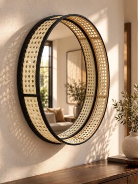 Espejo Circular de Pared Decorativo Ratán Sintético y Marco Metal Negro 45 cm