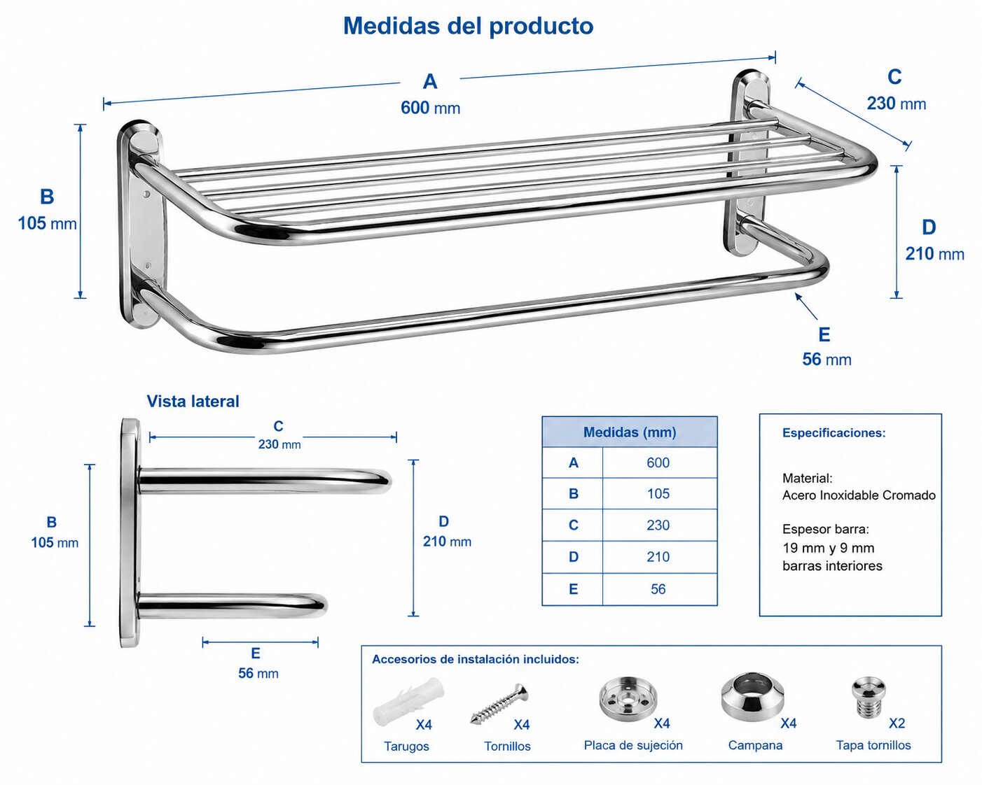 Toallero Repisa Hotelero Acero Inoxidable 60cm Baño Taumm - Imagen 8