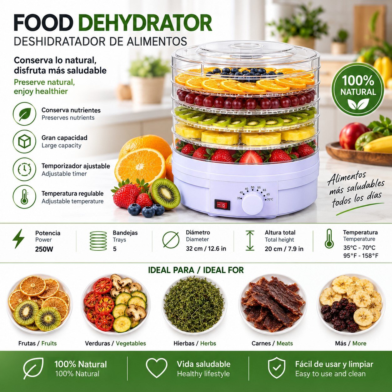 Deshidratadora de Frutas con 5 Niveles y Tapa Transparente Color Blanco - Imagen 7