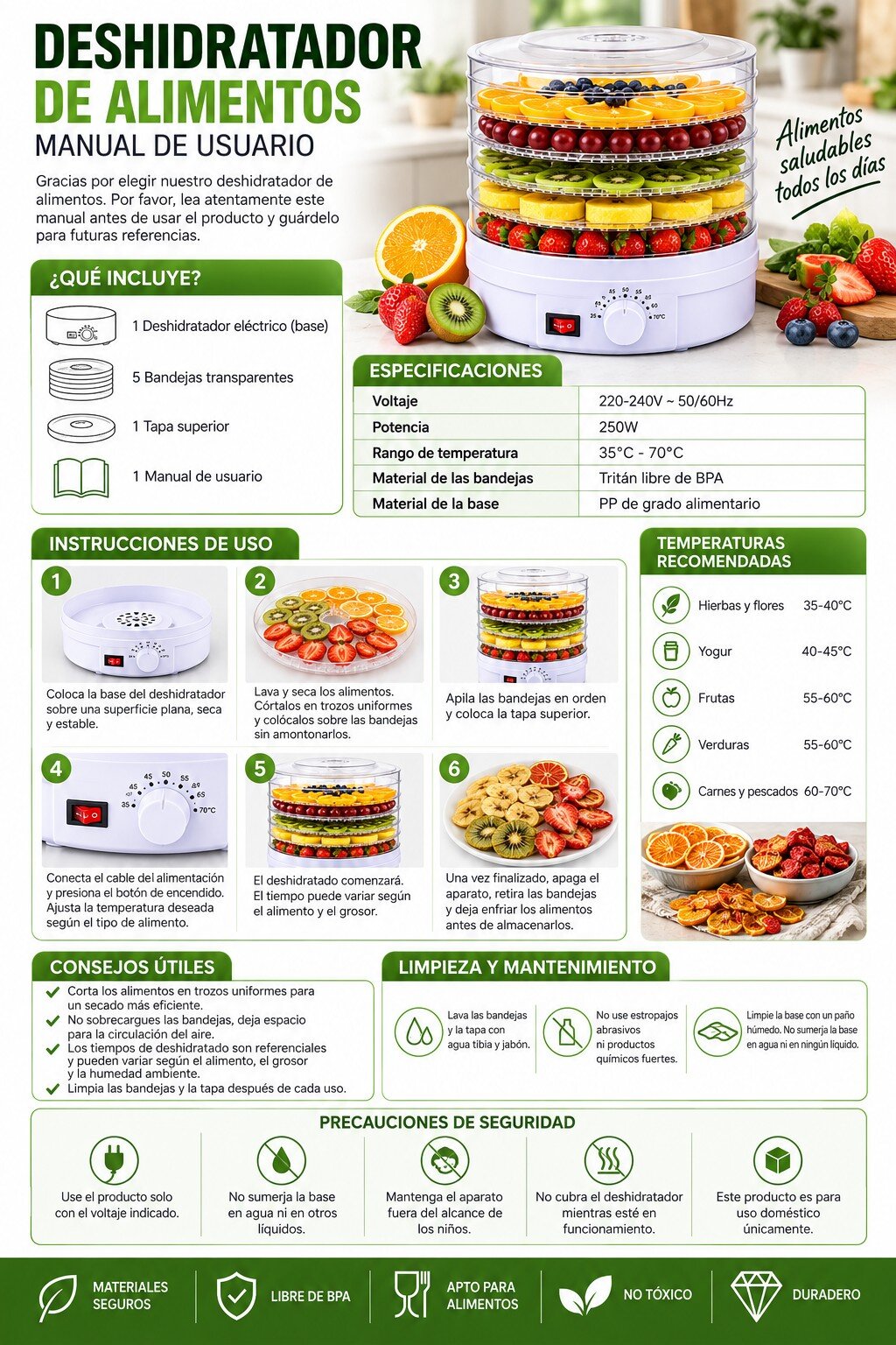 Deshidratadora de Frutas con 5 Niveles y Tapa Transparente Color Blanco - Imagen 4
