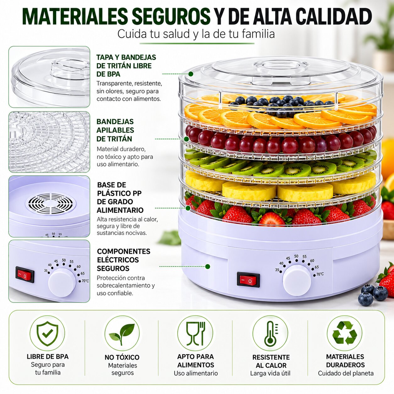 Deshidratadora de Frutas con 5 Niveles y Tapa Transparente Color Blanco - Imagen 3