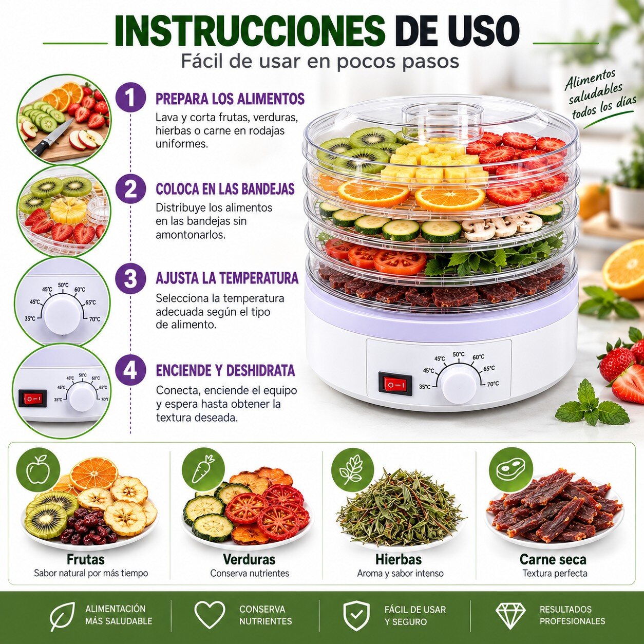 Deshidratadora de Frutas con 5 Niveles y Tapa Transparente Color Blanco - Imagen 2