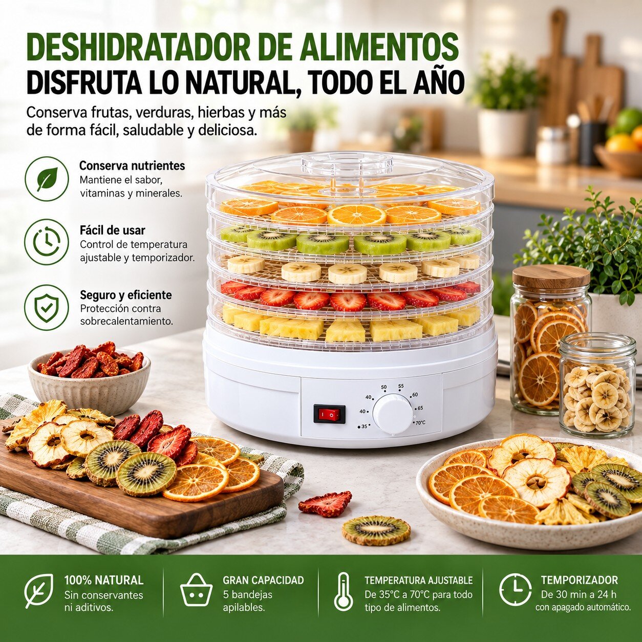 Deshidratadora de Frutas con 5 Niveles y Tapa Transparente Color Blanco - Imagen 6