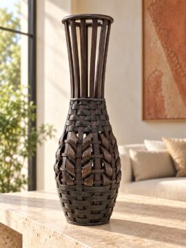 Florero Decorativo de Bambú Calado Pickacho 60 cm Jarrón Alto Rústico Marrón Oscuro