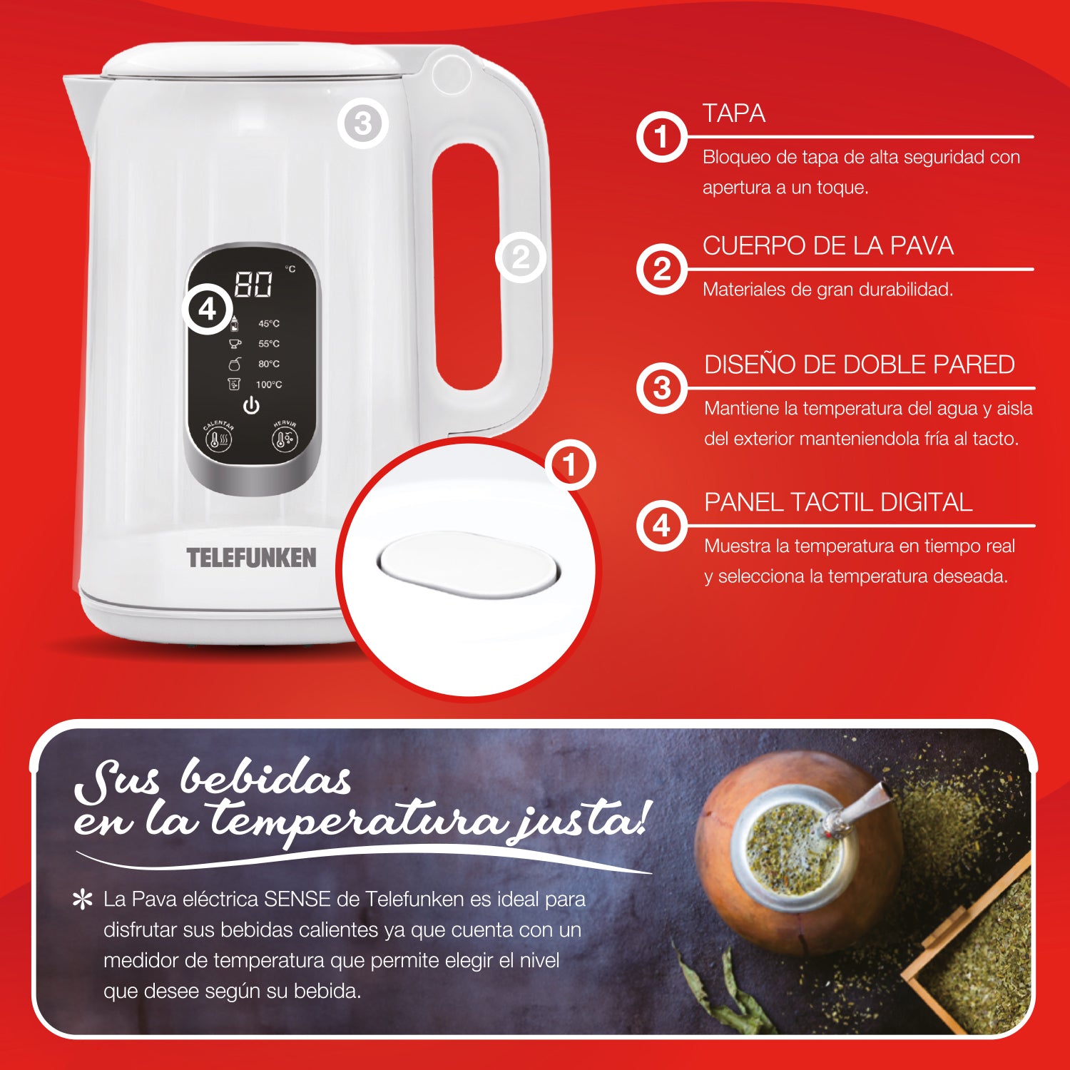 Hervidor Eléctrico Digital Telefunken 1,8 Litros 1500W Control de Temperatura Keep Warm Pava Blanco - Imagen 7