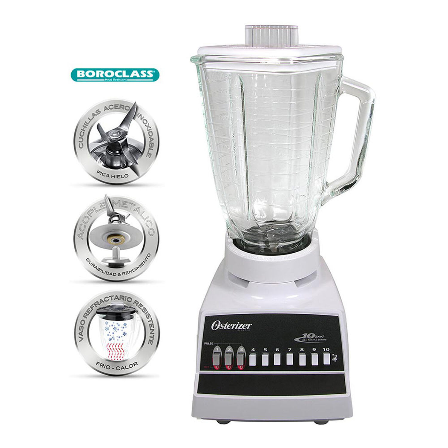 Licuadora Juguera Oster Clásica 10 Velocidades 300W Jarra Vidrio 1,25 L Pica Hielo Blanca