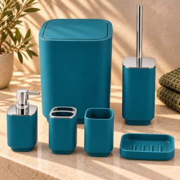 Set De Baño Completo 6 Piezas De ABS Con Basurero Dispensador Y Escobilla Color Turquesa
