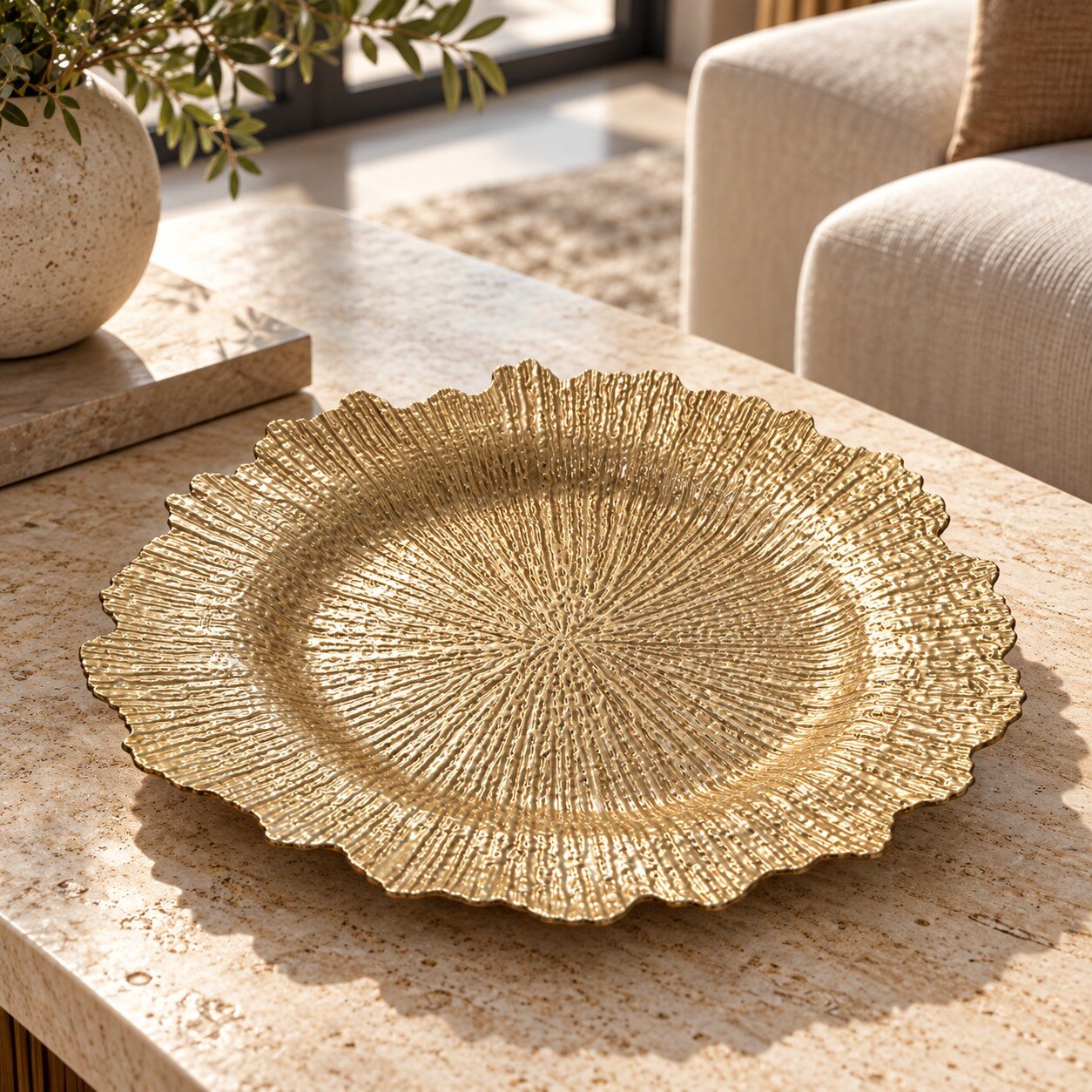 Plato Decorativo Dorado 32 cm Centro de Mesa o Bajo Plato con Relieve Radial y Borde Orgánico - Imagen 5