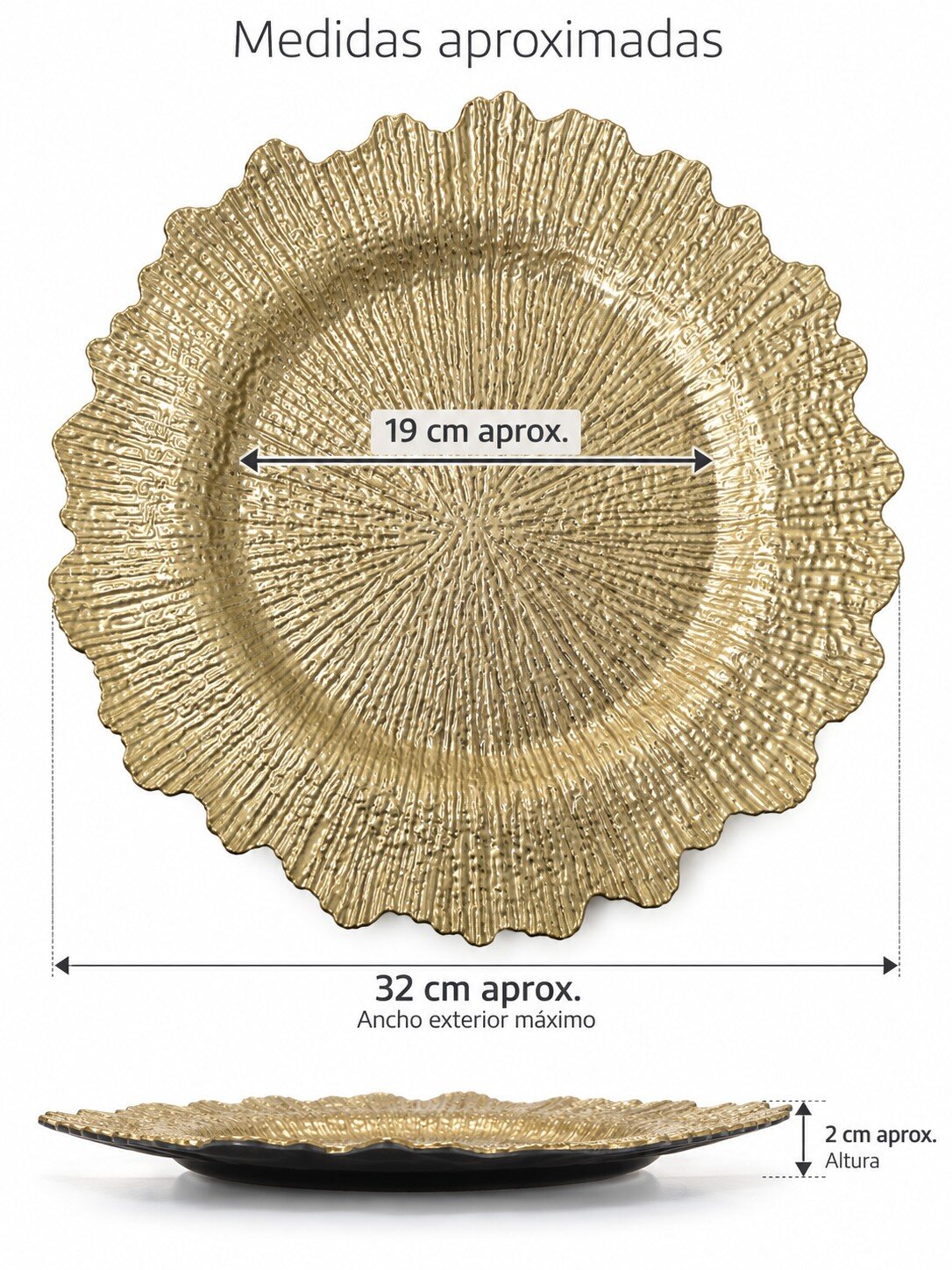 Plato Decorativo Dorado 32 cm Centro de Mesa o Bajo Plato con Relieve Radial y Borde Orgánico - Imagen 8