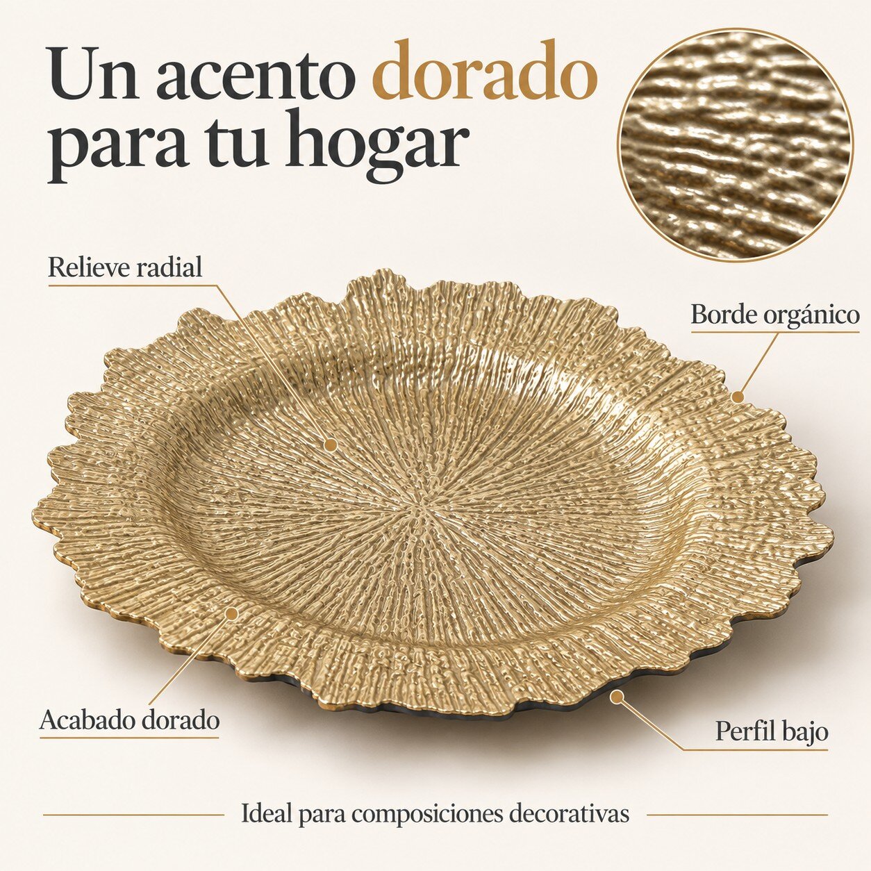 Plato Decorativo Dorado 32 cm Centro de Mesa o Bajo Plato con Relieve Radial y Borde Orgánico - Imagen 2