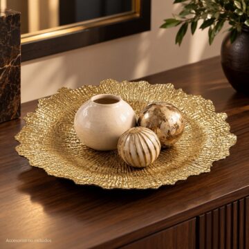 Plato Decorativo Dorado 32 cm Centro de Mesa o Bajo Plato con Relieve Radial y Borde Orgánico