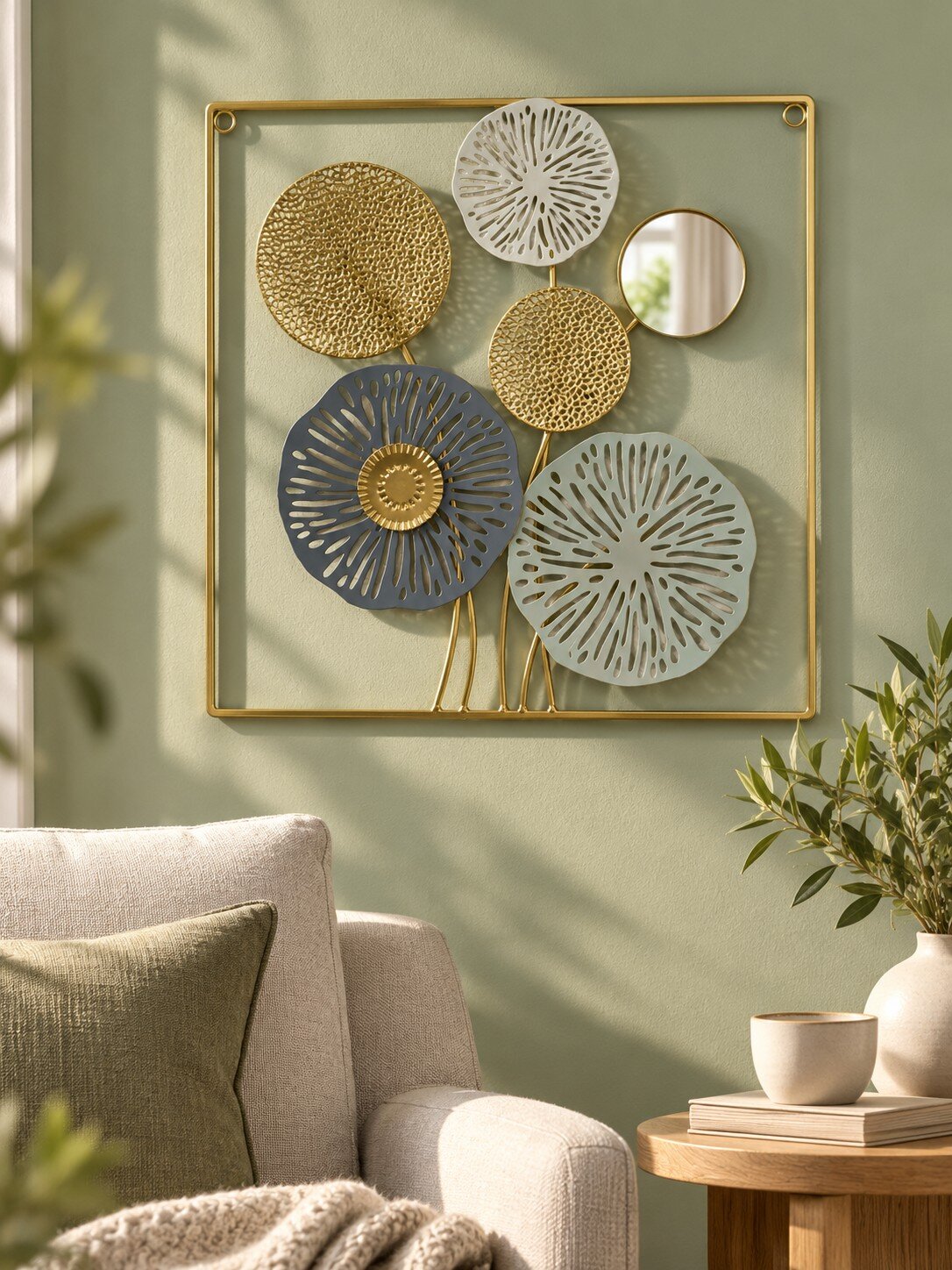 Cuadro Decorativo Metálico Floral con Espejo 45x45 cm Diseño Calado Dorado y Azul - Imagen 3