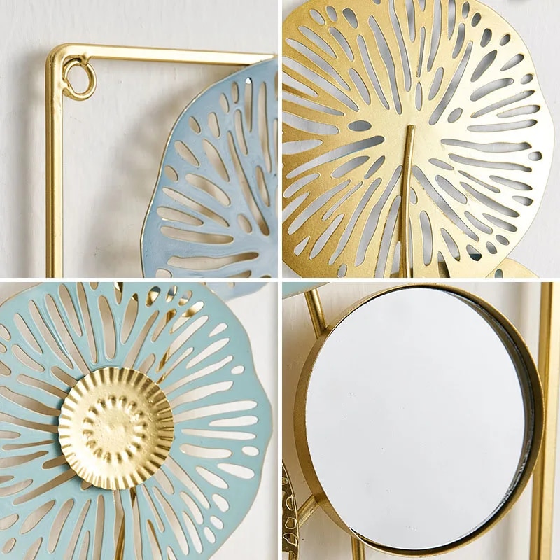 Cuadro Decorativo Metálico Floral con Espejo 45x45 cm Diseño Calado Dorado y Azul - Imagen 5