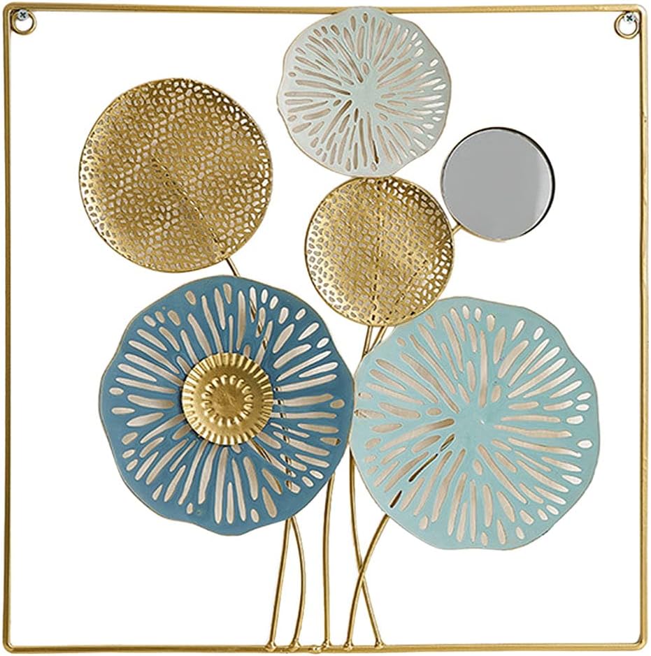 Cuadro Decorativo Metálico Floral con Espejo 45x45 cm Diseño Calado Dorado y Azul - Imagen 2