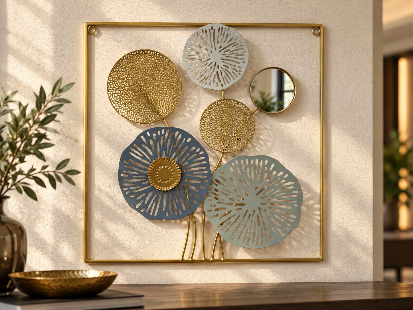 Cuadro Decorativo Metálico Floral con Espejo 45x45 cm Diseño Calado Dorado y Azul