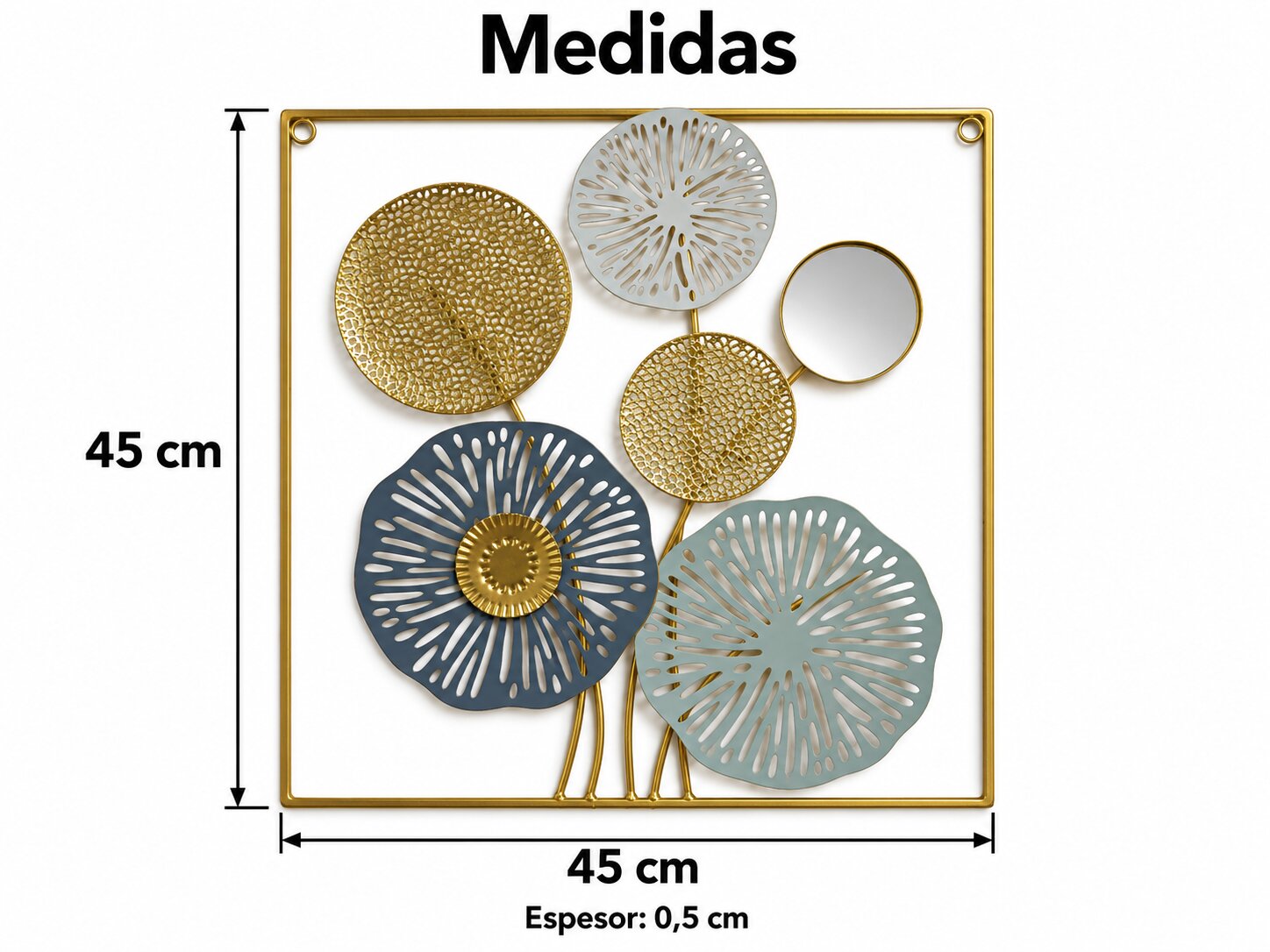 Cuadro Decorativo Metálico Floral con Espejo 45x45 cm Diseño Calado Dorado y Azul - Imagen 7