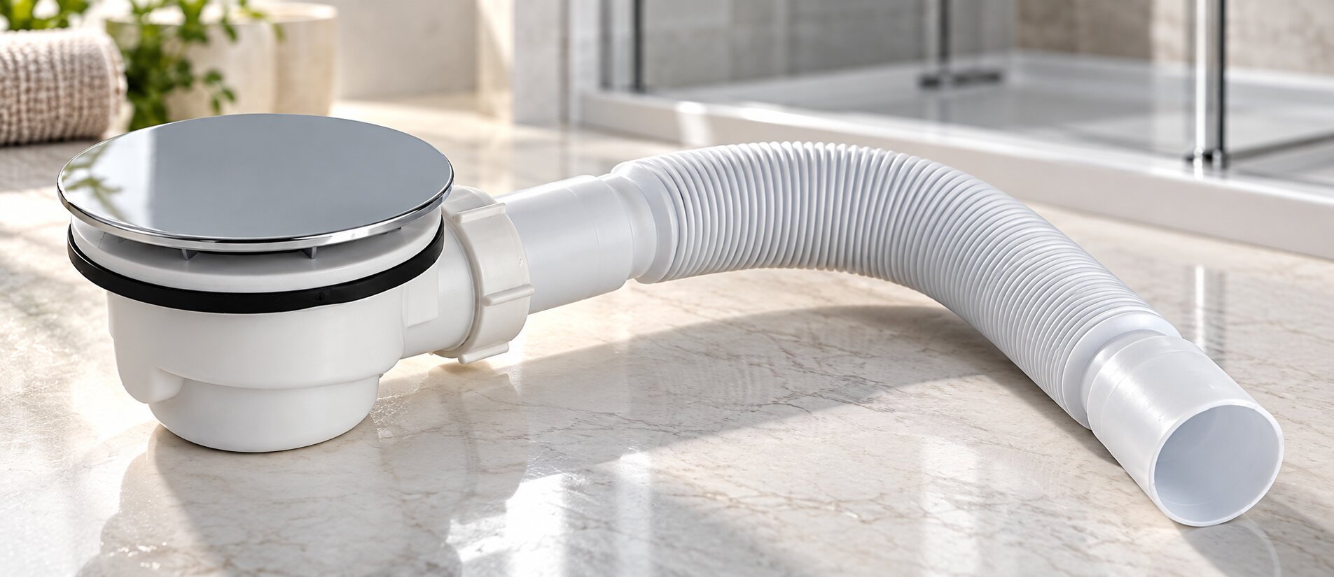 Desagüe con Sifón para Receptáculo de Ducha Acrílico 90 mm Täumm Tapa Inox 120 mm Tubo Extensible