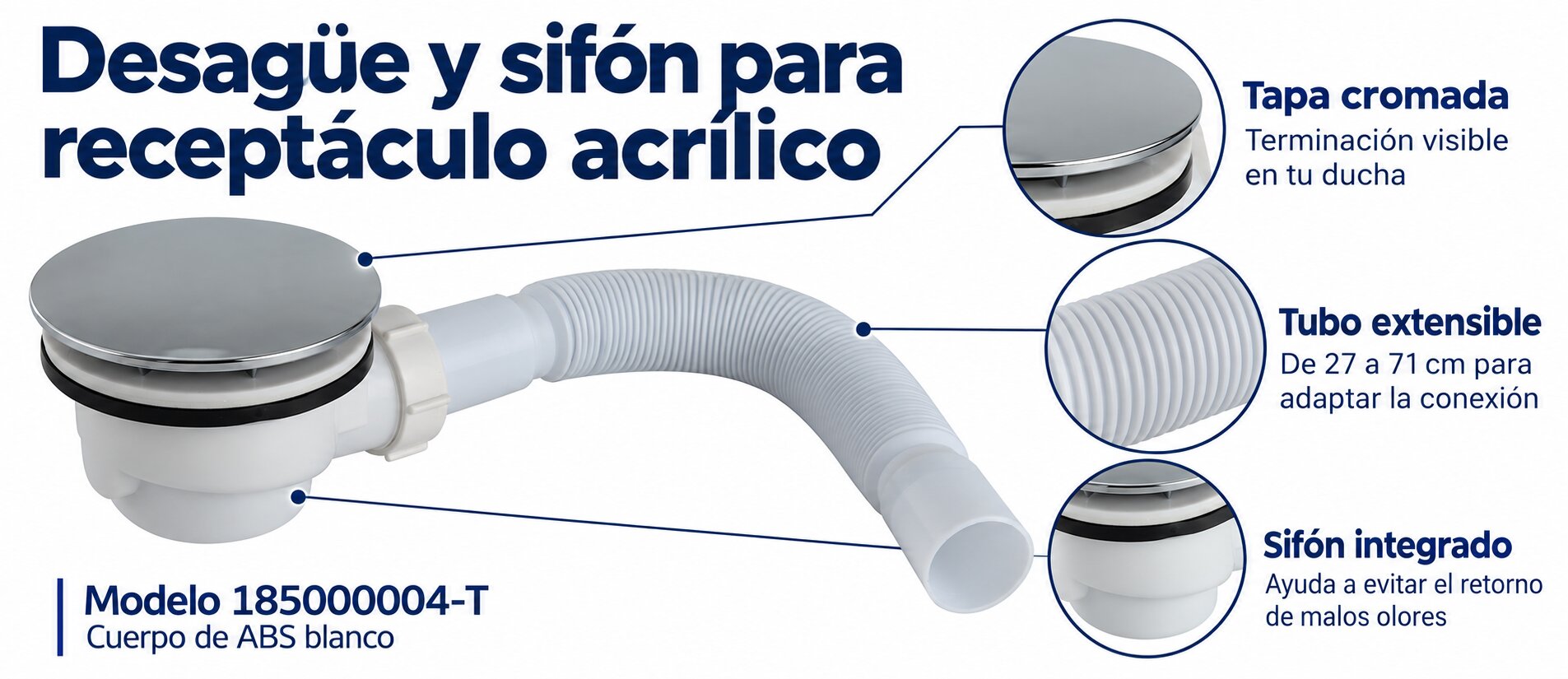 Desagüe con Sifón para Receptáculo de Ducha Acrílico 90 mm Täumm Tapa Inox 120 mm Tubo Extensible - Imagen 3