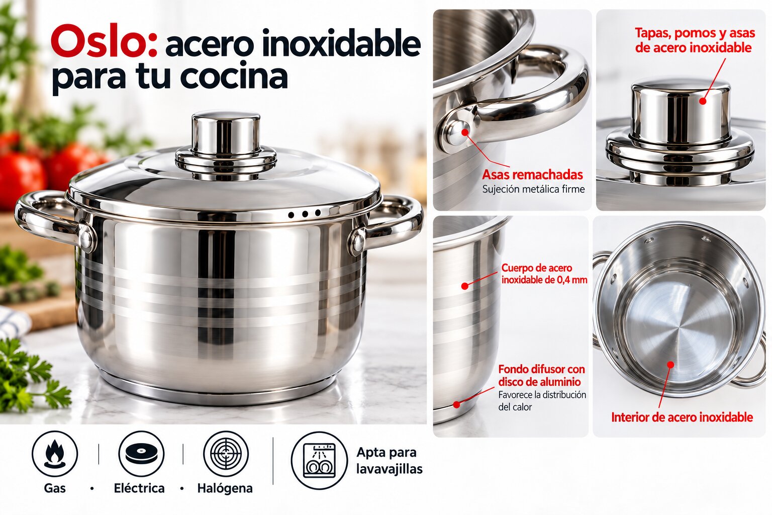 Batería de Cocina Vitta Oslo 8 Piezas Acero Inoxidable Plateado con Tapas Metálicas - Imagen 2