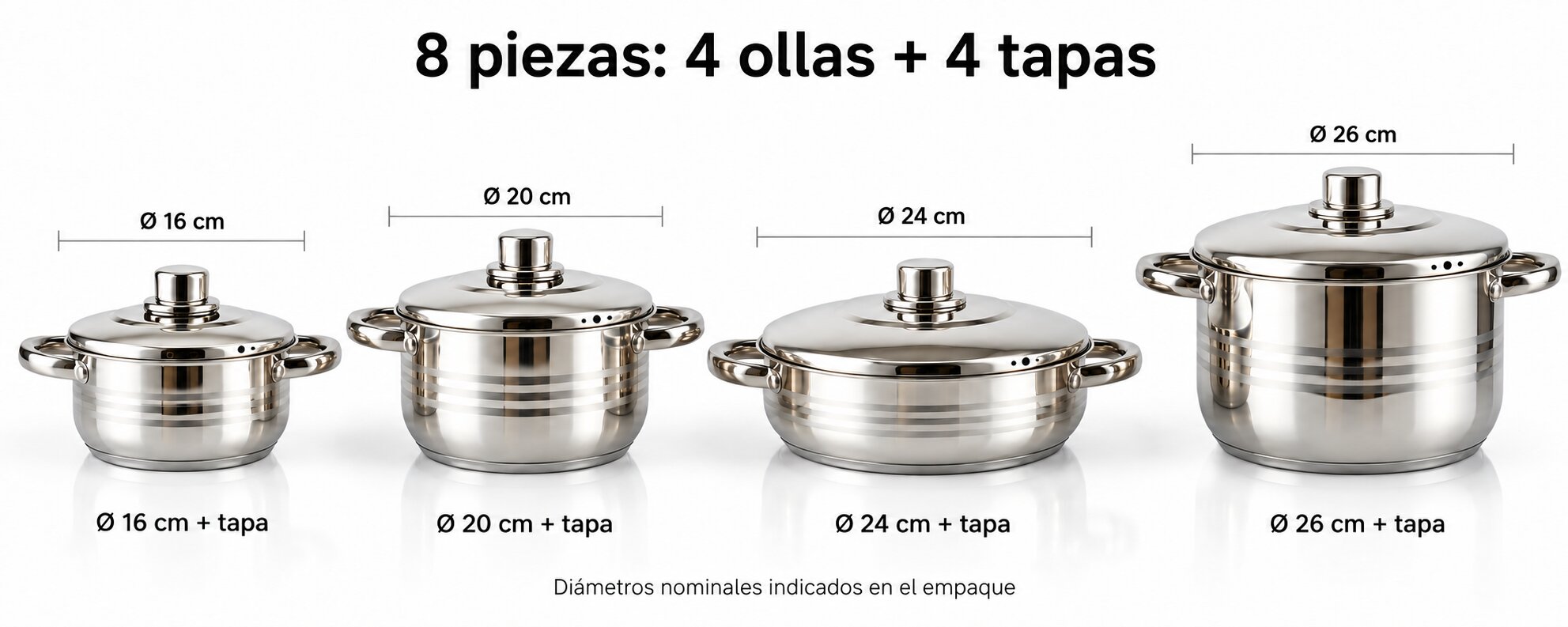 Batería de Cocina Vitta Oslo 8 Piezas Acero Inoxidable Plateado con Tapas Metálicas - Imagen 6