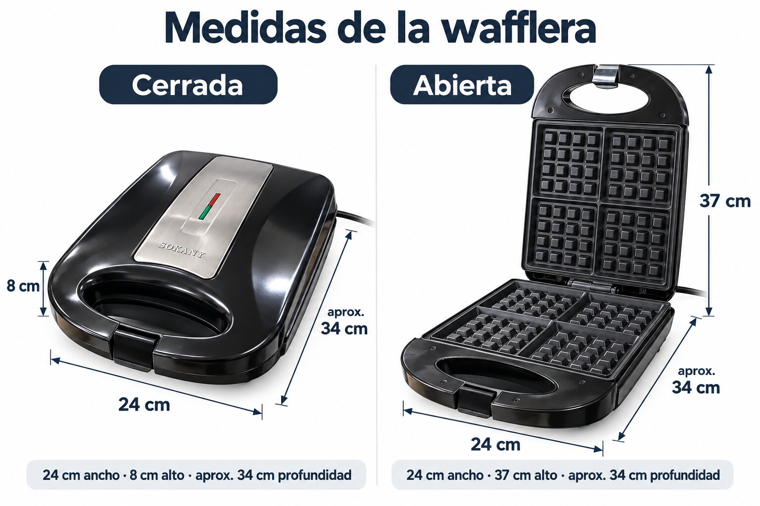Wafflera Eléctrica Sokany 4 Waffles Cuadrados 1200W Antiadherente Máquina de Waffles Negra - Imagen 8