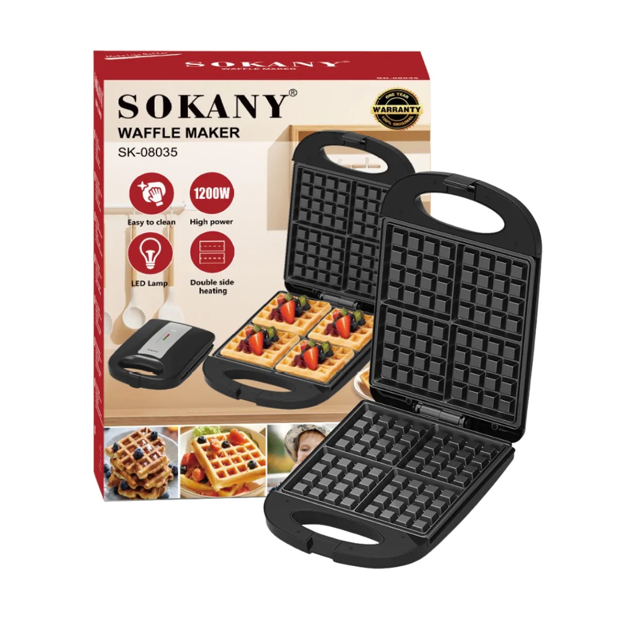 Wafflera Eléctrica Sokany 4 Waffles Cuadrados 1200W Antiadherente Máquina de Waffles Negra - Imagen 7