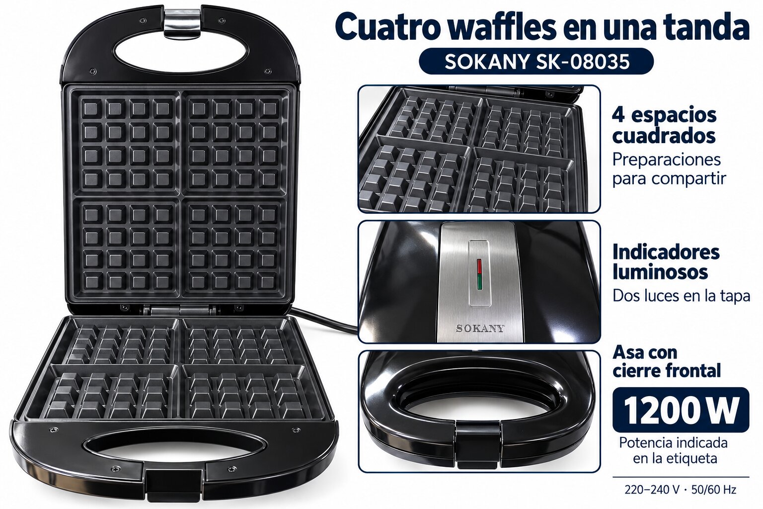 Wafflera Eléctrica Sokany 4 Waffles Cuadrados 1200W Antiadherente Máquina de Waffles Negra - Imagen 4